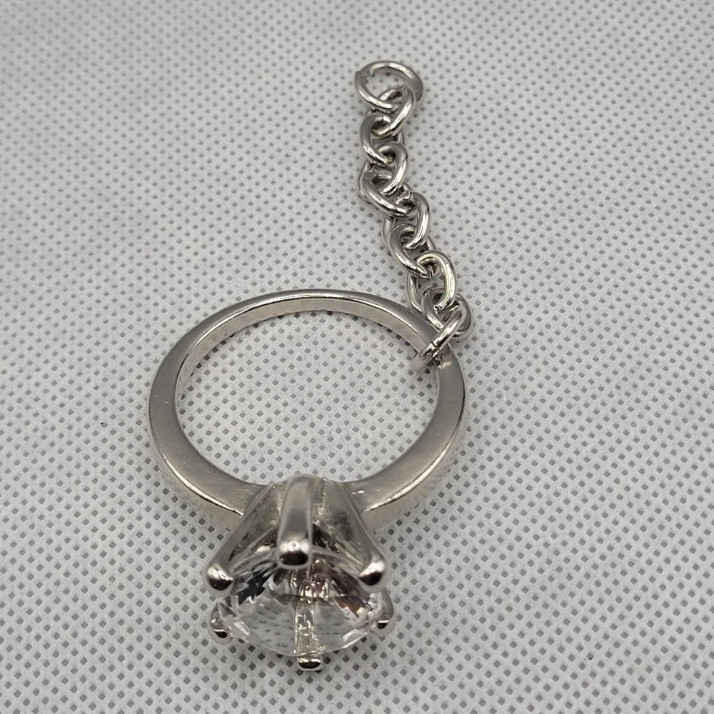 Ring Keychain Faux Diamond Silver Tone Gift Accessory